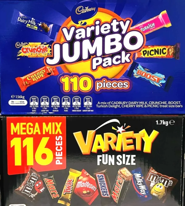 Mars 116 VARIETY MIX &/ Cadbury 110 VALUE JUMBO Pack Milk Chocolate Wholesale
